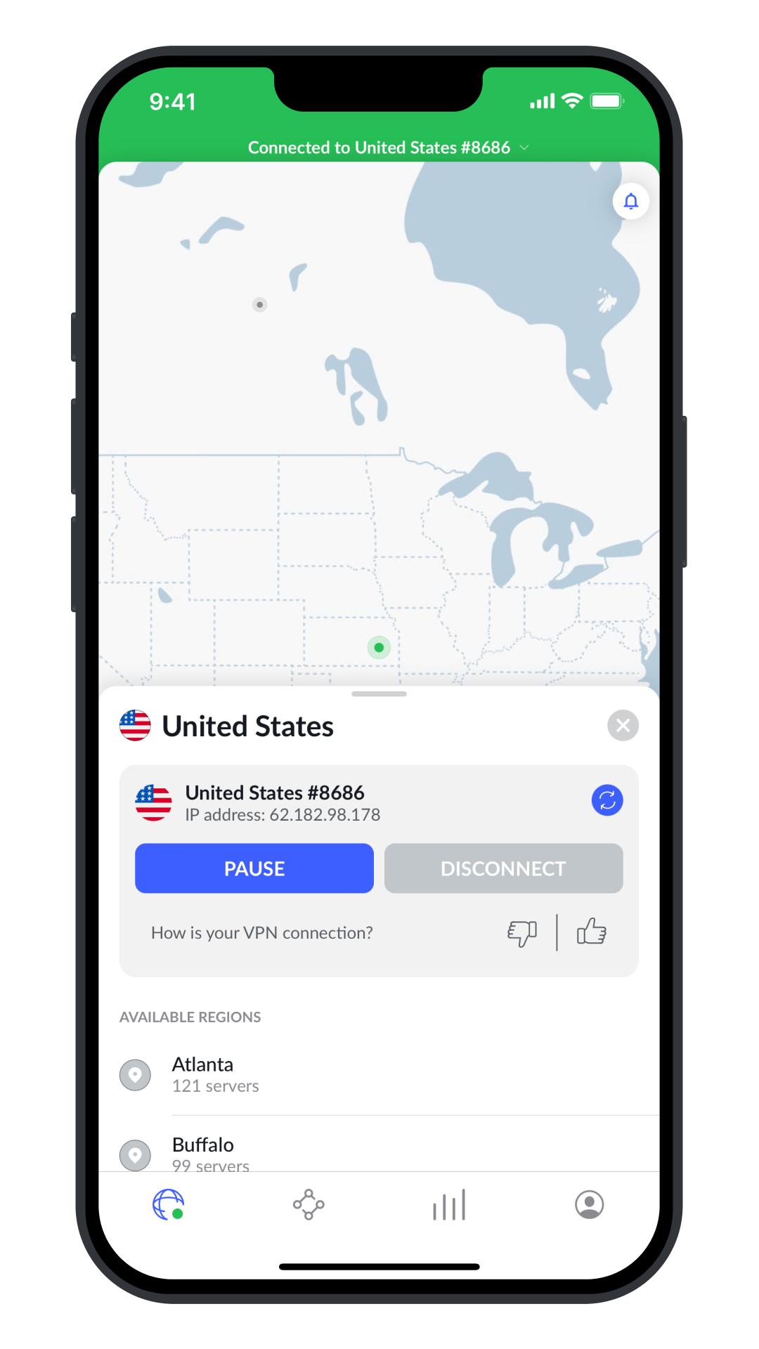 NordVPN iOS App - Connected on iPhone