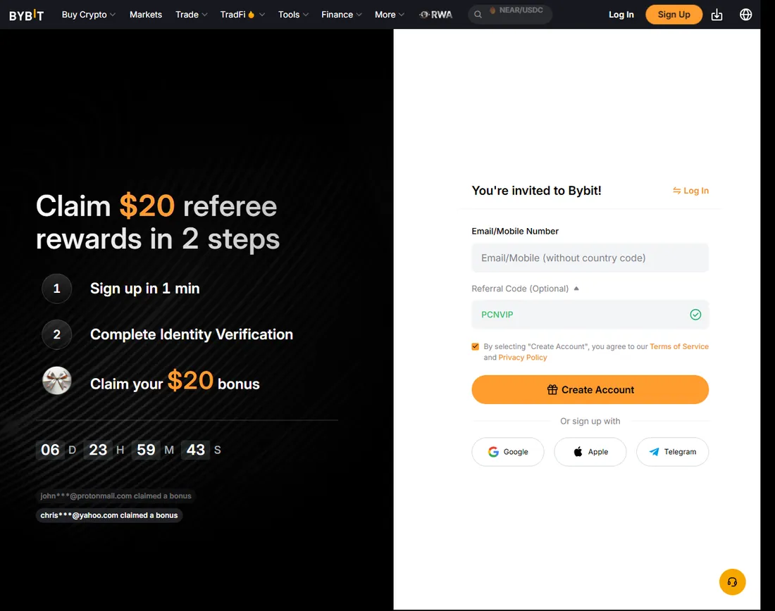 Bybit invite page with the referral code PCNVIP pre-filled and the line Claim $20 referee rewards in 2 steps