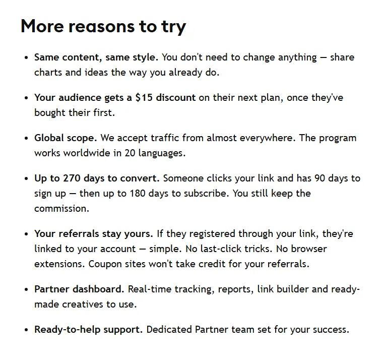 TradingView partner programme page: your audience gets a 15 USD discount on their next plan, once they have bought their first